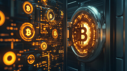 Fototapeta premium Exploring bitcoin security cryptocurrency vault digital finance technology high-tech environment close-up view blockchain concept