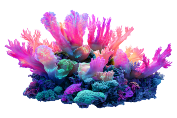 Bright neon coral reef with glowing pink purple and turquoise soft corals isolated on transparent background
