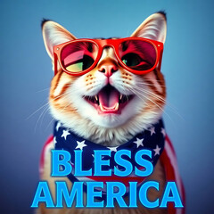 Fourth of July cat with American flag accessories and Bless America' message Created by Generative AI