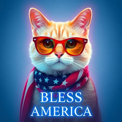 Fourth of July cat with American flag accessories and Bless America' message Created by Generative AI