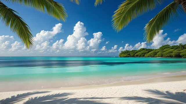 Beautiful Tropical Beach with White Sand, Palm Trees, Blue Sky, and Turquoise Ocean in Summer Vacation Paradise Island Landscape