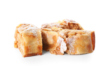 Pieces of tasty pear strudel on white background
