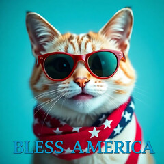 Fourth of July cat with American flag accessories and Bless America' message Created by Generative AI