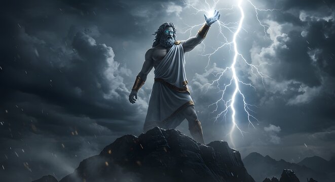Zeus, King of the Gods, Commands the Heavens with a Mighty Thunderbolt