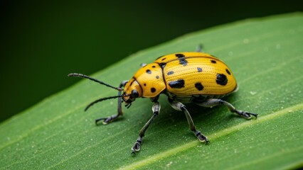 Fototapeta premium Close-up of a yellow beetle with black spots on a green leaf.