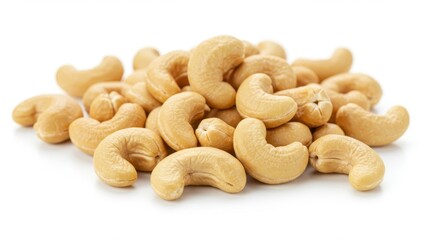 Fototapeta premium Pile of cashew nuts on a white background, healthy snack or ingredient.
