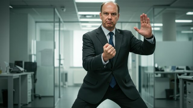 Businessman strikes karate pose in office, symbolizing power and confidence.