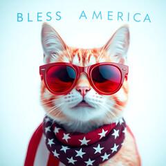 Fourth of July cat with American flag accessories and Bless America' message Created by Generative AI