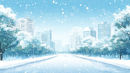 serene winter cityscape with snow covered trees, buildings, and clear road under snowy sky