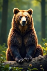 Fototapeta premium Brown bear sitting on a log, wildlife, outdoors