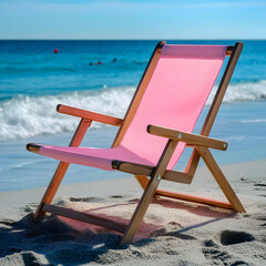 Pink beach chair on the sand with ocean waves and swimmers in the background on a sunny day