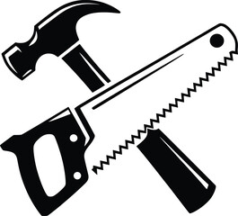 Crossed Hammer and Saw Silhouette Icon for Carpentry and Tools