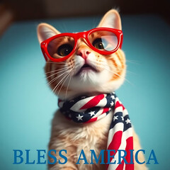 Fourth of July cat with American flag accessories and Bless America' message Created by Generative AI