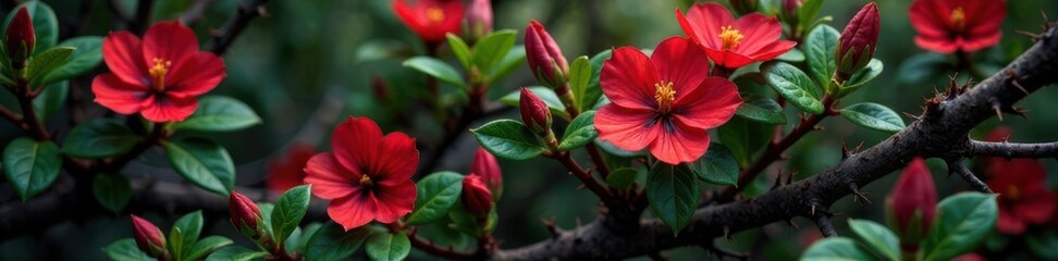 Close-up of dark red flowers with deep green leaves amidst a tangled mess of thorny stems, exotic leaves, floral arrangement
