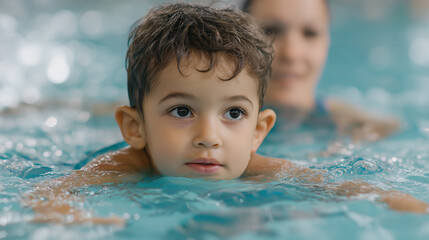 Little boy swims confidently in the pool while focusing on his technique during a swimming lesson in a warm indoor aquatic center