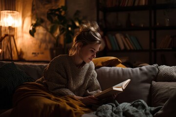 Fototapeta premium Young Woman Reading on a Cozy Sofa with Warm Ambient Light. Generative AI.