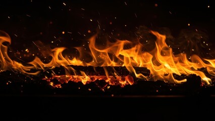Vibrant flames dance above glowing embers in a fiery, dark scene.