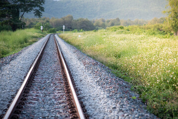 Fototapeta premium Parallel railroad heavy metal industry railway transportation. Close up rail link way for freight shipping railroad heavy manufacture engineering. Train vehicle railroad track station manufacturing