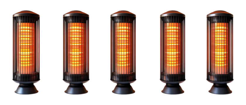 Pack of Heater set of Five Different Poses set Against Transparent Background for Home Appliance Branding, Winter Promotion, or Indoor Heating Design Projects