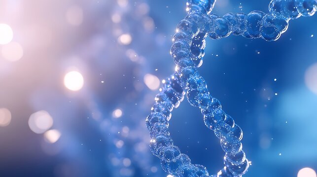glowing dna strand with blue double helix on luminous bokeh background, scientific abstract art with bubbles and light effect, ideal for biotech concepts