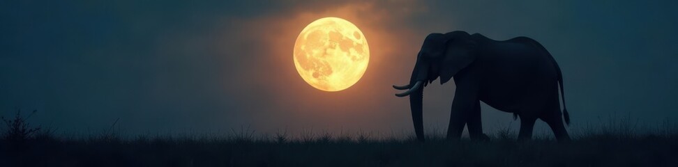 Dark silhouette of massive elephant against bright moonlight,  forest,  dark