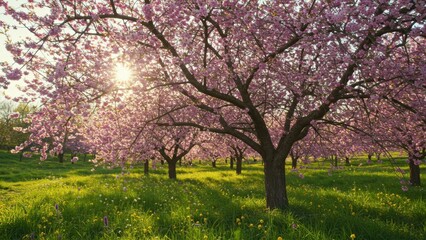 Obraz premium A serene landscape of cherry trees in bloom on a sun-drenched meadow.