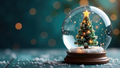 Delicate snowflake-adorned Christmas tree inside a beautiful snow globe, miniatures, snowy scene, holiday charm