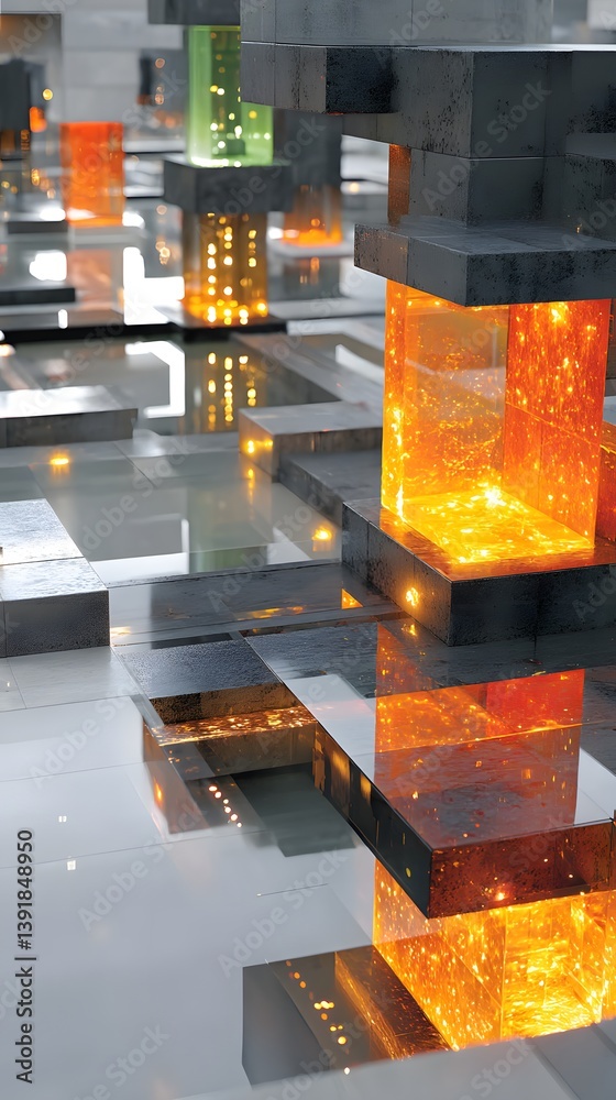 Poster computational depth rendered in layers of digital logic, llm processing vast datasets in abstract 3d