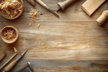 A wooden table with various tools and wood shavings on it