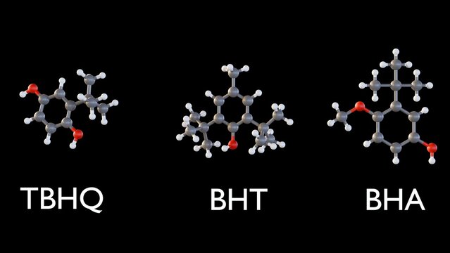 A 3d rendering of molecular structures of antioxidant food additives: Butylated Hydroxyanisole (BHA), Butylated Hydroxytoluene (BHT), and Tertiary Butylhydroquinone (TBHQ).