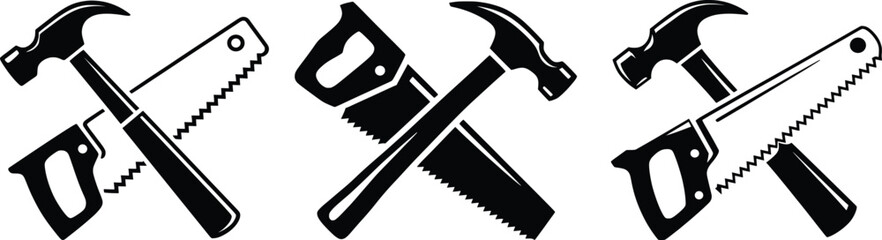 Hammer and Saw Tool Silhouettes Vector Collection.