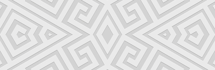 Geometric white background, tribal cover design, banner. Greek 3D pattern, meander. Embossing, relief texture, fresco. Ornaments of the East, Asia, India, Mexico, Aztec, Peru. Ethnic composition.