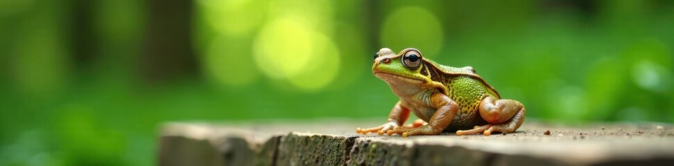 Fototapeta premium Frog sitting on white wooden board in forest, woodland, wooden board