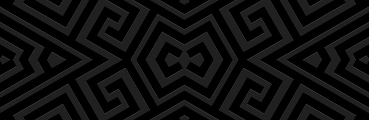 Geometric black background, tribal cover design, banner. Greek 3D pattern, meander. Embossing, relief texture, fresco. Ornaments of the East, Asia, India, Mexico, Aztec, Peru. Ethnic composition.