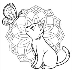 PriMandala Cat with Butterfly, Intricate Vector Designnt