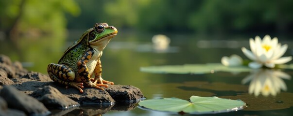 Obraz premium Frog standing on a rocky shore with water lilies in the background, water, pond