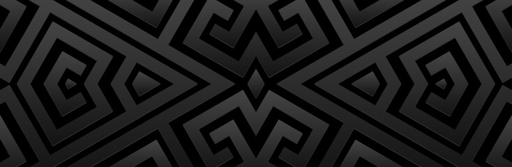 Geometric satin black background, tribal cover design, banner. Greek 3D pattern, meander. Embossing, relief texture, fresco. Ornaments of the East, Asia, India, Mexico, Aztec, Peru. Ethnic composition