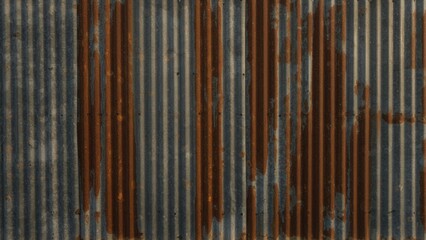Close up of rusty corrugated metal sheet with vertical patterns.
