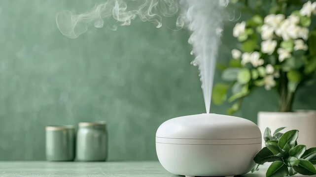 Aromatherapy diffuser with steam and plants.