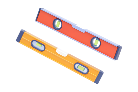 Two spirit levels lie diagonally, showcasing the tools, their vibrant colors, highlighting precision, and balance. Perfect for builders and DIY enthusiasts.