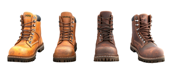 Pack of Leather Work Boots set of Five Different Poses set Against Transparent Background for Footwear, Fashion, or Work Gear Promotion Projects