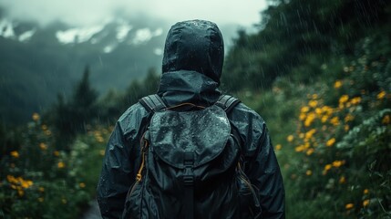 Adventurer Braving the Rain in a Scenic Mountain Landscape