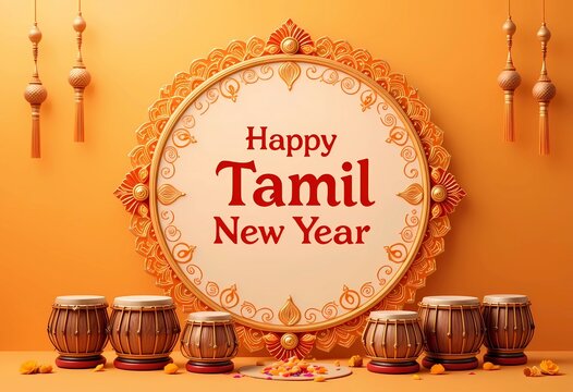 Tamil New Year festive wallpaper with mandala frame, Thavil drums, and baby orange background in rich red and gold colors. Created with Generative AI technology.