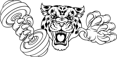 A jaguar, panther, leopard or cheetah wildcat spotted cat weight lifting dumbbell gym sports mascot