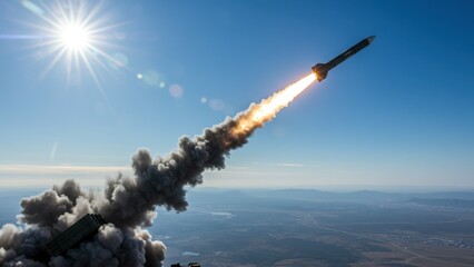 A missile ascends, leaving a fiery trail against the azure sky, sun glaring.