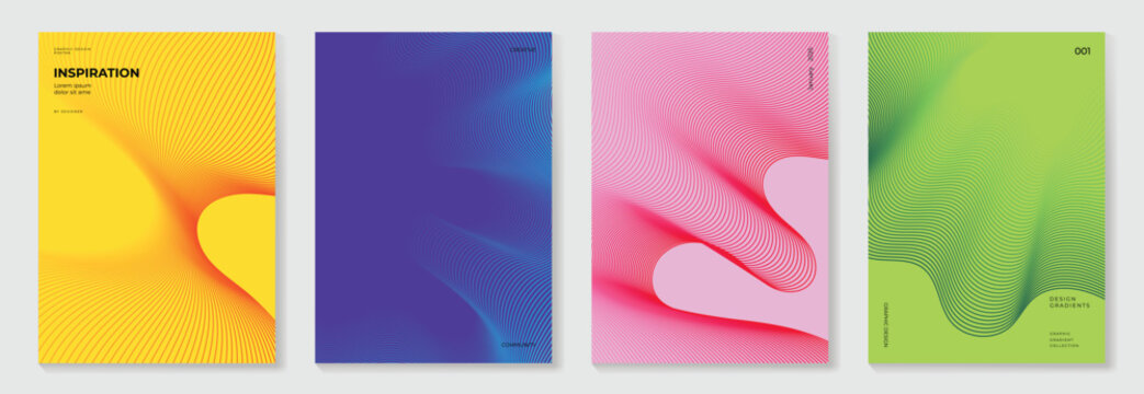 Abstract line wave gradient poster background vector set. Minimalist cover template with vibrant perspective line wave in motion. Ideal design for social media, cover, banner, flyer, music, ads.
