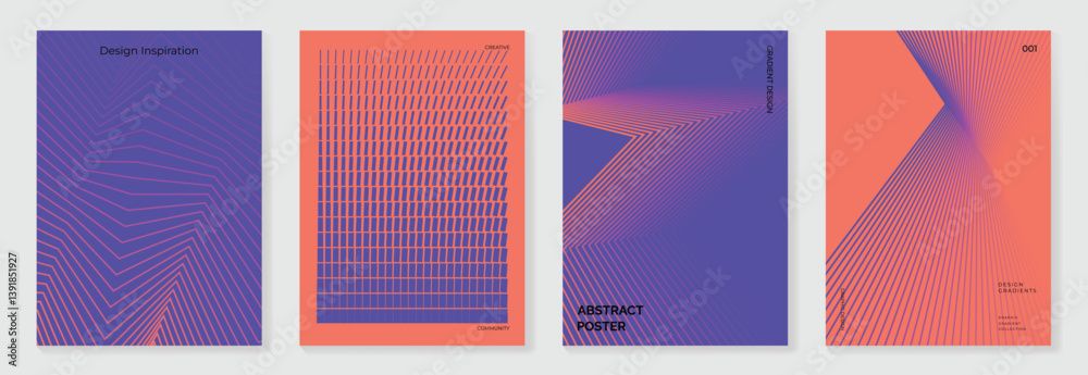 Aufkleber Abstract line wave gradient poster background vector set. Minimalist cover template with vibrant perspective line wave in motion. Ideal design for social media, cover, banner, flyer, music, ads.
