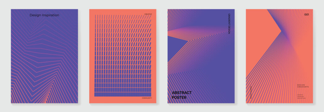 Abstract line wave gradient poster background vector set. Minimalist cover template with vibrant perspective line wave in motion. Ideal design for social media, cover, banner, flyer, music, ads.