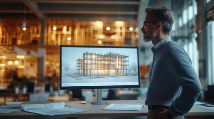 Architect Reviewing 3D Building Model on Monitor in Modern Office