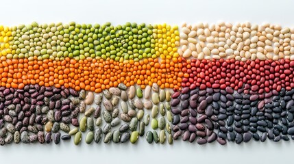 Colorful Arrangement of Various Raw Legumes and Beans Displayed in Horizontal Bands